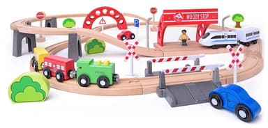 WOODY Vláčkodráha s elektrickou mašinkou a viaduktem, 60 dílů