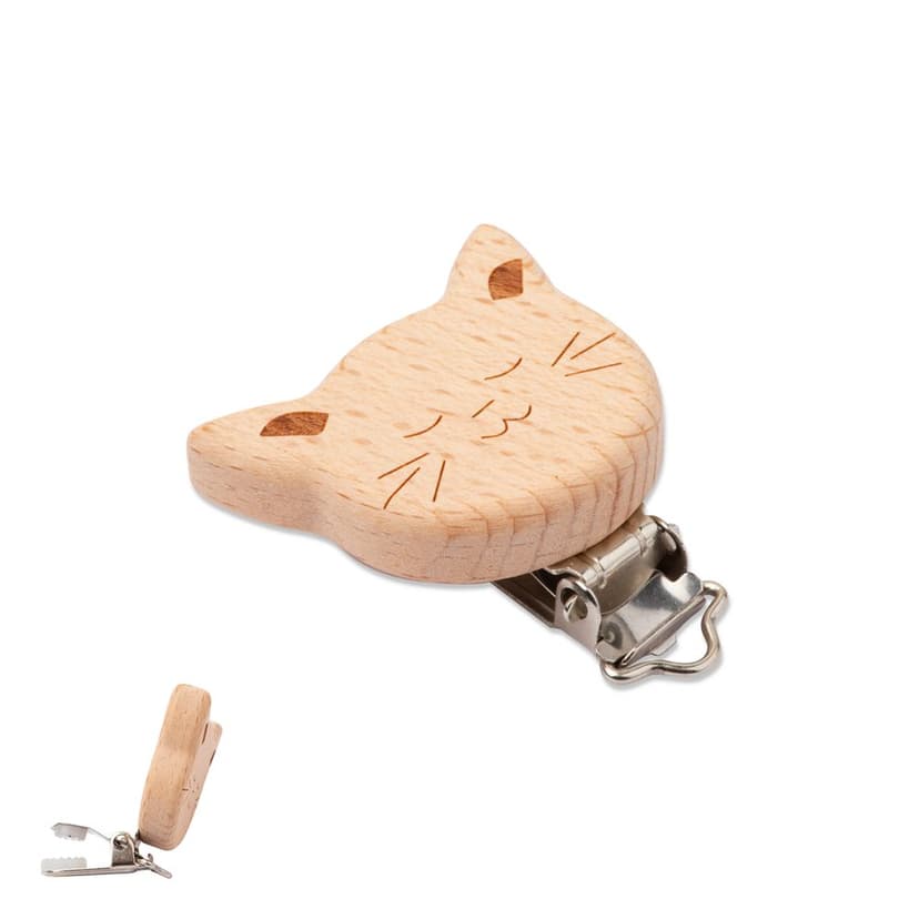 Drevený klip na cumlík 44x35x10mm mačička s kovovou sponou