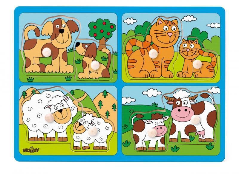 Woody Puzzle pro nejmenší s úchyty - domácí zvířata s mláďaty OLP102191913