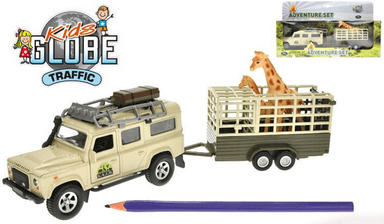 MIKRO - Land Rover Defender kov 14cm zpětný chod s přívěsem a žirafou 28364