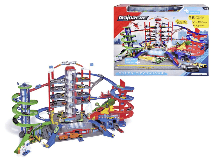 Majorette Garáž Super City + 6 autíček a vlak MJ 2009001