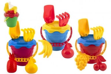 Teddies Sada na písek plast kbelík se sítkem 15x13cm, lopatka, hrabičky, 2 bábovky 4 barvy v síťce
