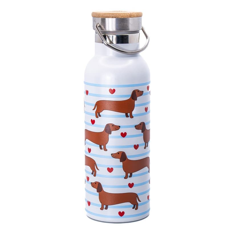 Svetlomodrá/hnedá cestovná antikoro fľaša 425 ml Sausage Dog – Sass & Belle