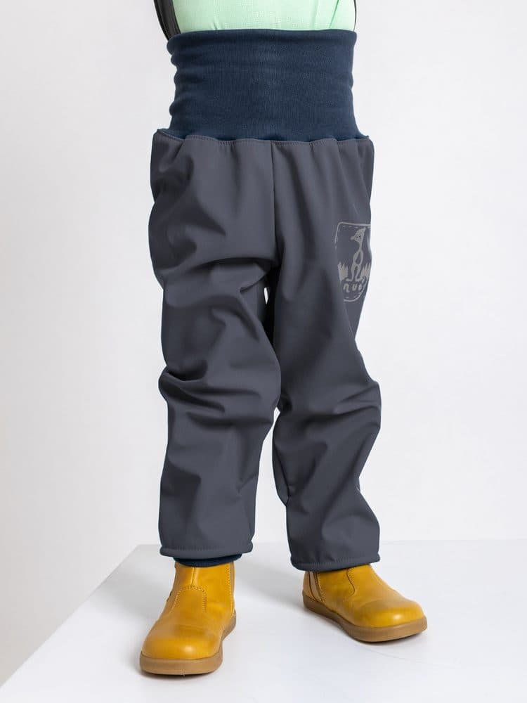unuo Batolecí softshellové kalhoty s fleecem Antracitové + reflexní obrázek Evžen (Softshell toodler trousers) - 68/74
