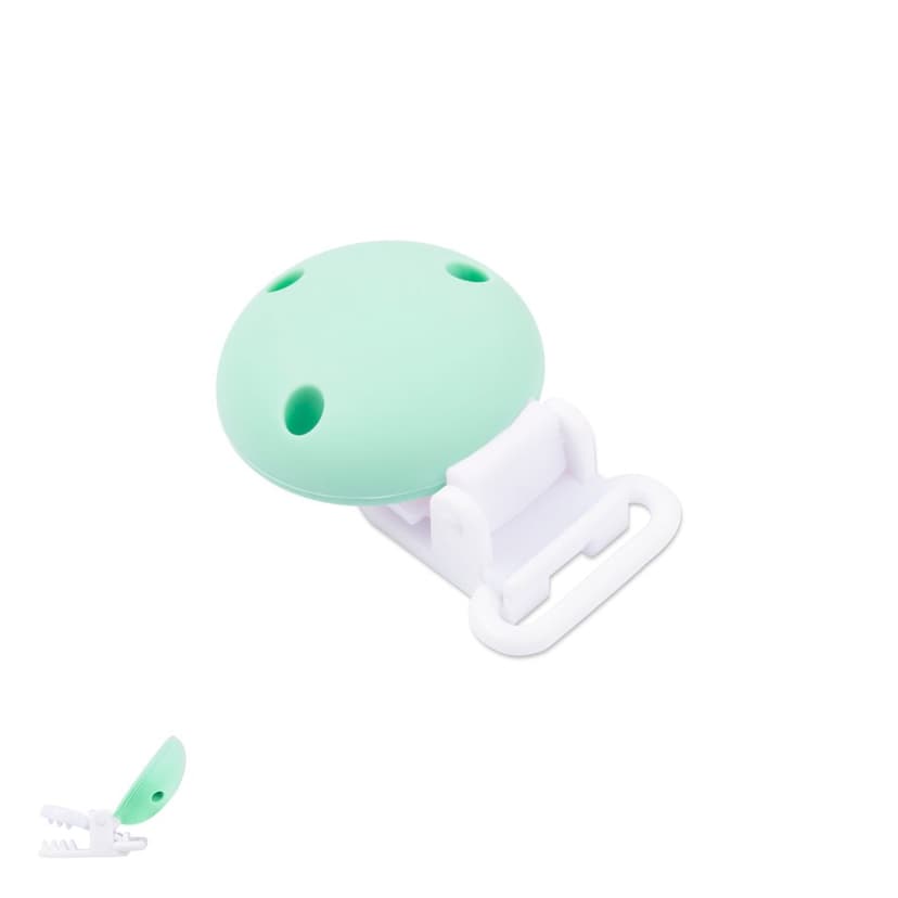 Silikónový klip na cumlík 33,5mm s 3 dierkami a plastovou sponou Mint Green