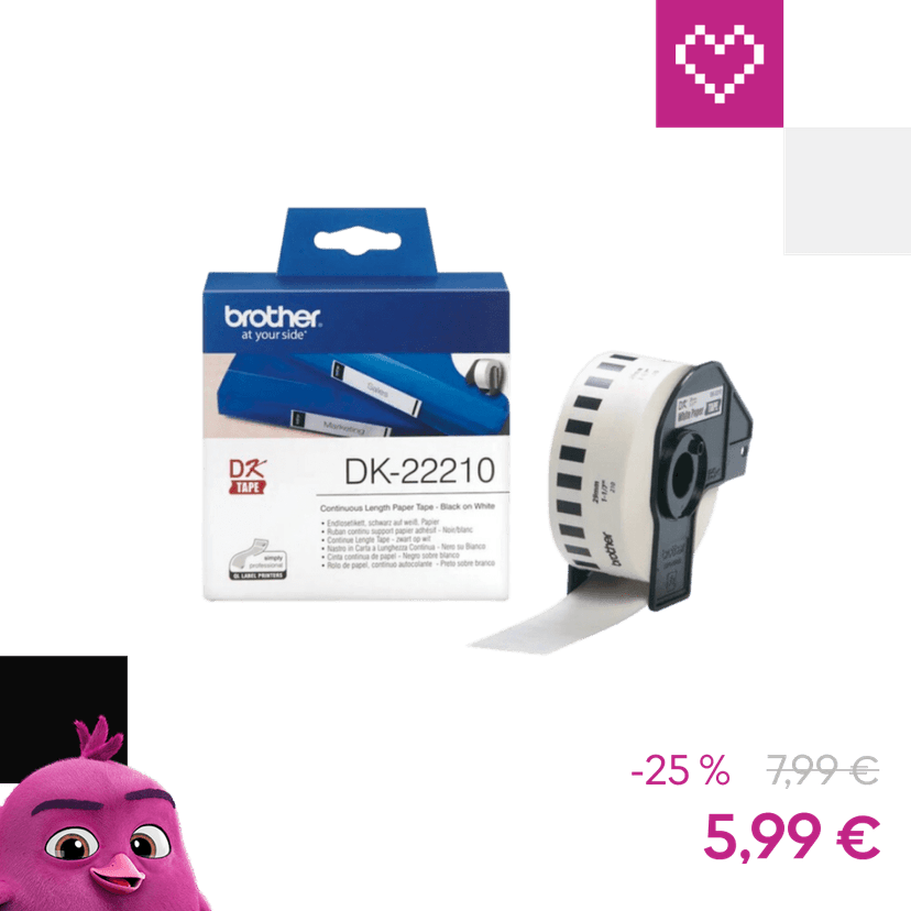 Brother DK-22210 papírová role s černým tiskem na bílém podkladu délka 30,48 m šířka 29 mm