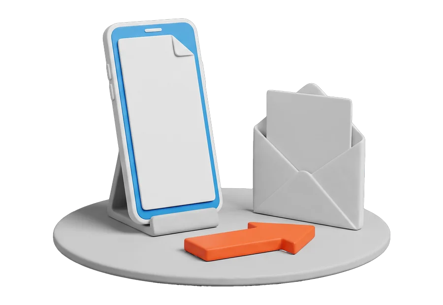A phone, an open envelope with a sheet of paper, an orange arrow and a small blue cloud