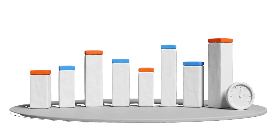 A row of white columns with orange and blue tops and a clock above them