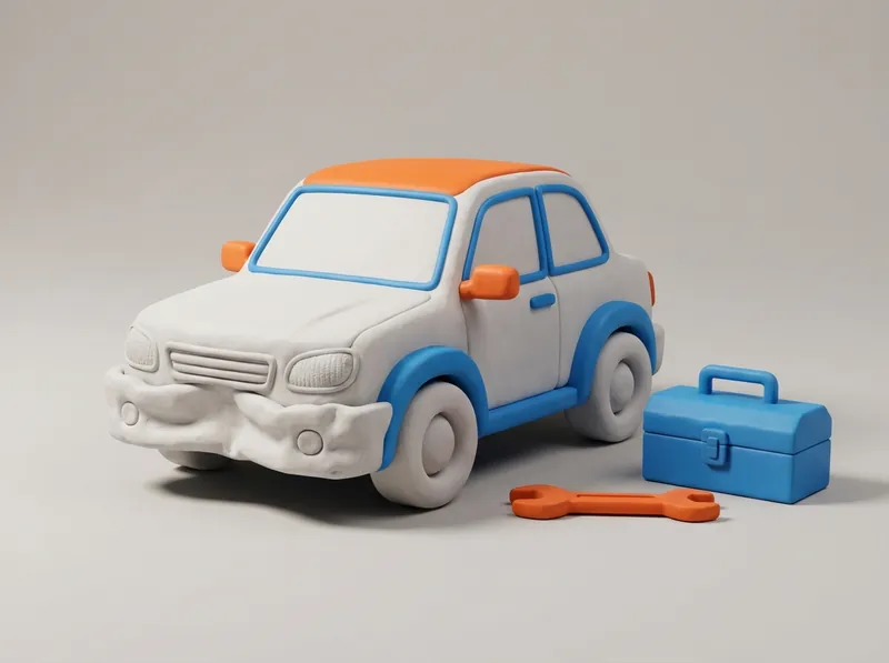 Biele auto s premáčknutým nárazníkom, oranžový kľúč a modrý kufrík s náradím